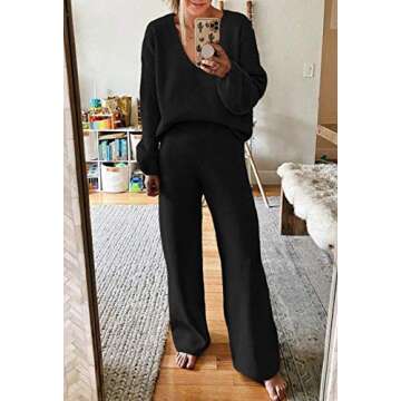Viottiset Women's 2 Piece Outfits Casual V Neck Knit Wide Leg Sweater Lounge Set Sweatsuit Black Sma...