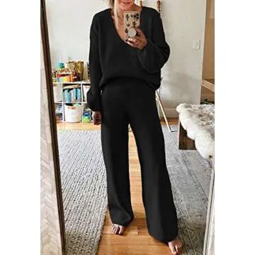 Viottiset Women's 2 Piece Outfits Casual V Neck Knit Wide Leg Sweater Lounge Set Sweatsuit Black Sma...