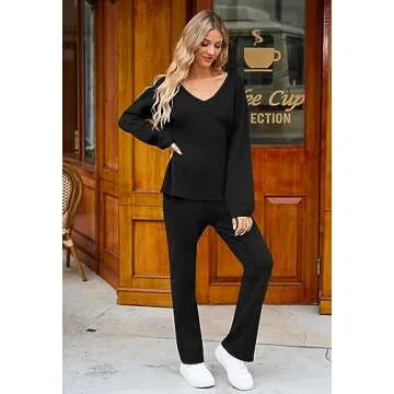 Viottiset Women's 2 Piece Outfits Casual V Neck Knit Wide Leg Sweater Lounge Set Sweatsuit Black Small