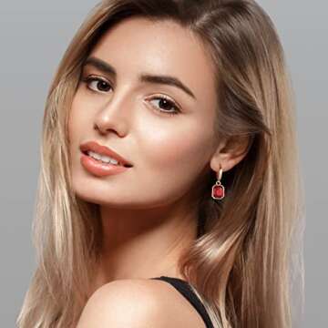Birthstone Crystal Dangle Drop Earrings, 18K Gold Plated Huggie Hoop Hypoallergenic Earring Jewelry Gifts for Women (Red)