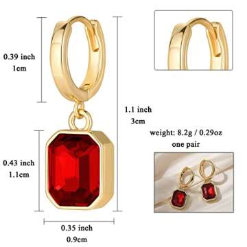 Birthstone Crystal Dangle Drop Earrings, 18K Gold Plated Huggie Hoop Hypoallergenic Earring Jewelry Gifts for Women (Red)