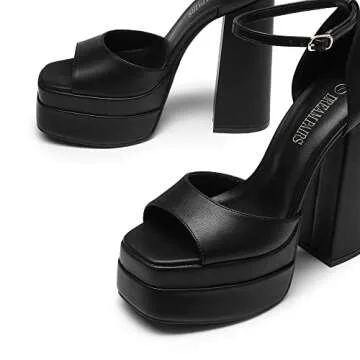 DREAM PAIRS Black High Heels Chunky Block Platform Heels for Women Ankle Strap Sexy Open Square Toe Heels Dressy Pumps Sandals SDHS2324W Size 7