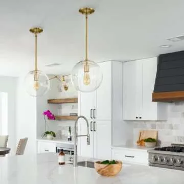 MOTINI Large Globe Pendant Light Fixture 10 Inch, Gold Brushed Brass with Clear Glass Shade, Single Ceiling Hanging Pendant Lighting for Kitchen Island Dining Room