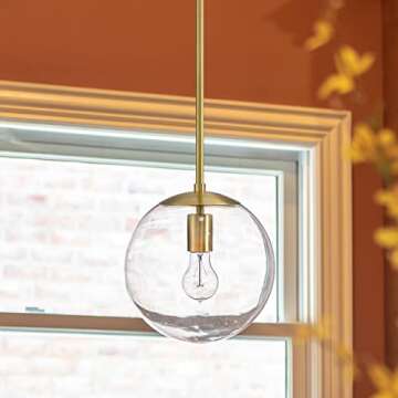 MOTINI Large Globe Pendant Light Fixture 10 Inch, Gold Brushed Brass with Clear Glass Shade, Single Ceiling Hanging Pendant Lighting for Kitchen Island Dining Room