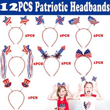 SunnyMemory 96PCS Patriotic 4th of July Decor Party Favors,4th of July Decorations,12 Headbands,12 Glasses,72 Tattoo Stickers for Fourth of July Celebrations,Independence Day Gathering,Memorial Day Commemoration,Veterans Day Honoring