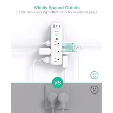 Surge Protector Outlet Extender, 9 AC Multi Plug Outlet with 3 USB Ports (2 USB C), 1080 Joules, 3-Sided Power Strip with Spaced Outlet Splitter for Home, Dorm Room Essentials