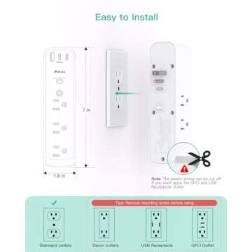 Surge Protector Outlet Extender, 9 AC Multi Plug Outlet with 3 USB Ports (2 USB C), 1080 Joules, 3-Sided Power Strip with Spaced Outlet Splitter for Home, Dorm Room Essentials