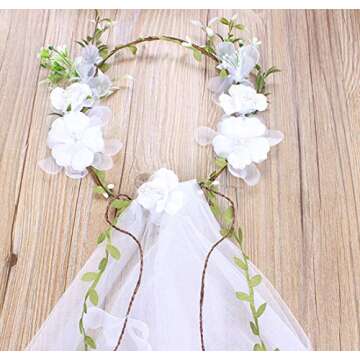 Floral Fall Adjustable Bridal Flower Garland Headband Flower Crown Hair Wreath Halo F-83 (D-White Flower Veil)