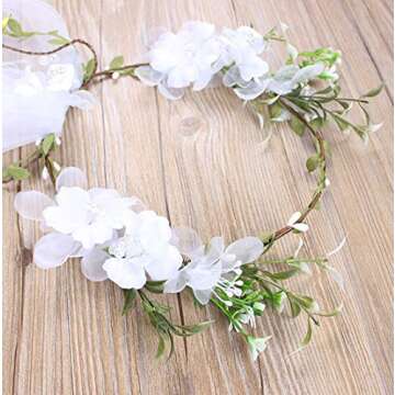 Floral Fall Adjustable Bridal Flower Garland Headband Flower Crown Hair Wreath Halo F-83 (D-White Flower Veil)