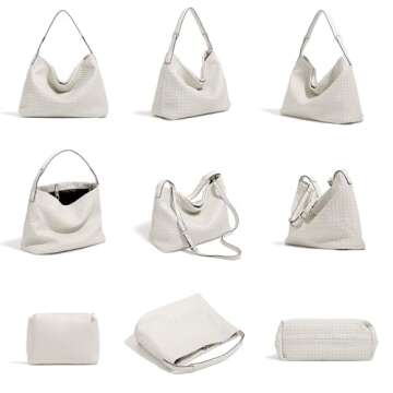 JINMANXUE Women Boston Bag Woven Vegan Leather Handbags Female Satchel Messenger Bag Fashion Shoulder Bag Casual Hobo (Off white)