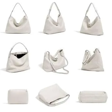 JINMANXUE Women Boston Bag Woven Vegan Leather Handbags Female Satchel Messenger Bag Fashion Shoulder Bag Casual Hobo (Off white)
