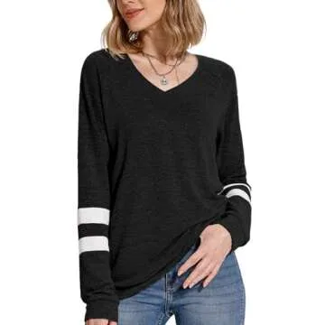 MixShe Womens Tops Fall Fashion 2024 Sweatshirt for Women Sweaters V Neck Long Sleeve Shirts Trendy Clothes Ladeis Blouses Dressy Casual Tunics to Wear with Leggings Black X-Large