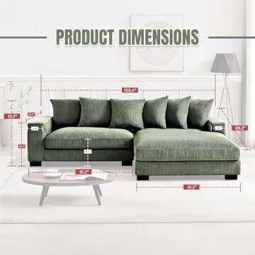 Container Furniture Direct Luxe Oversized Two-Piece Right Facing Sectional Couches for Living Room, 102.4-Inch L Shaped Sofa with Chaise, Upholstered with Corduroy Fabric, Dark Green