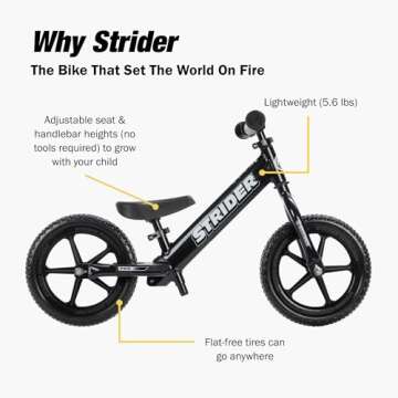 Strider 12" Pro Bike, Black Pearl - No Pedal Balance Bicycle for Kids 1 to 4 Years - Includes Safety Pad, Padded Seat, Mini Grips & Flat-Free Tires - Tool Free