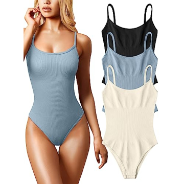 OQQ Women's 3 Piece Bodysuits Sexy Ribbed Sleeveless Adjustable Spaghetti Strips Tops Leotard 2025 S...