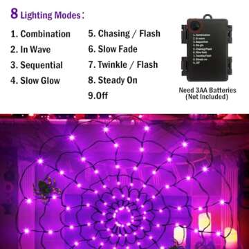 obbsie 96 LED Halloween Spider Web Lights with Timer, 8 Modes Waterproof Light up Cobweb with Black Spider & DIY Cotton Net Battery Operated Halloween Decorations for Indoor Outdoor Garden Yard-Purple