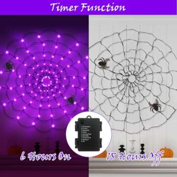 obbsie 96 LED Halloween Spider Web Lights with Timer, 8 Modes Waterproof Light up Cobweb with Black Spider & DIY Cotton Net Battery Operated Halloween Decorations for Indoor Outdoor Garden Yard-Purple