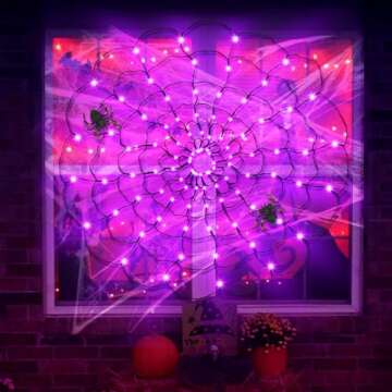 obbsie 96 LED Halloween Spider Web Lights with Timer, 8 Modes Waterproof Light up Cobweb with Black Spider & DIY Cotton Net Battery Operated Halloween Decorations for Indoor Outdoor Garden Yard-Purple