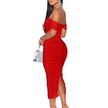 HOCILLE Women's Sexy Ruched Bodycon Strapless Off Shoulder Midi Club Party Tube Dresses, Small, Red