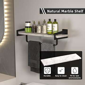 XZHXFX Marble Bathroom Shelf with Towel Bar, 16" Metal Modern Floating Shelf Wall Mount for Bathroom Wall Shelf(Black)