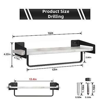 XZHXFX Marble Bathroom Shelf with Towel Bar, 16" Metal Modern Floating Shelf Wall Mount for Bathroom Wall Shelf(Black)