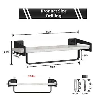XZHXFX Marble Bathroom Shelf with Towel Bar, 16" Metal Modern Floating Shelf Wall Mount for Bathroom Wall Shelf(Black)