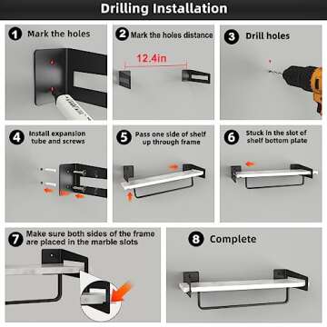 XZHXFX Marble Bathroom Shelf with Towel Bar, 16" Metal Modern Floating Shelf Wall Mount for Bathroom Wall Shelf(Black)