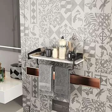 XZHXFX Marble Bathroom Shelf with Towel Bar, 16" Metal Modern Floating Shelf Wall Mount for Bathroom Wall Shelf(Black)