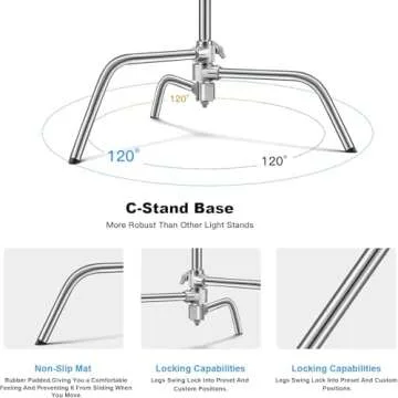Soonpho Adjustable 10ft/3.3m Heavy Duty Light Stand with Boom Arm and Wheels,100% Stainless Steel Reflector C-Stand with Grip Head & Sandbag &Clamps,for Studio Video Reflector,Monolight,Softboxes