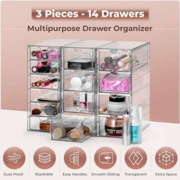 Sorbus Makeup Organizer With 14 Drawers, Acrylic Drawer Organizer for Makeup, Office Organization and Storage, Art Supplies, Jewelry, Stationary - 3 Pcs Clear Stackable Storage Bins Organizer Drawers