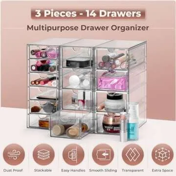 Sorbus Makeup Organizer With 14 Drawers, Acrylic Drawer Organizer for Makeup, Office Organization and Storage, Art Supplies, Jewelry, Stationary - 3 Pcs Clear Stackable Storage Bins Organizer Drawers