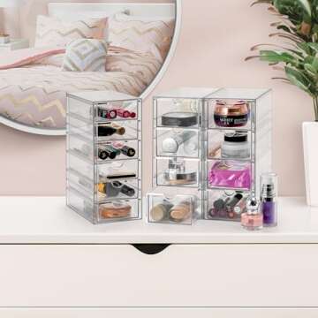 Sorbus Makeup Organizer With 14 Drawers, Acrylic Drawer Organizer for Makeup, Office Organization and Storage, Art Supplies, Jewelry, Stationary - 3 Pcs Clear Stackable Storage Bins Organizer Drawers