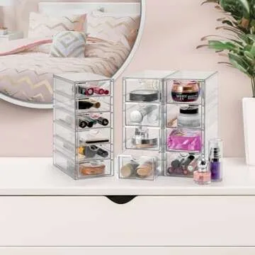Sorbus Makeup Organizer With 14 Drawers, Acrylic Drawer Organizer for Makeup, Office Organization and Storage, Art Supplies, Jewelry, Stationary - 3 Pcs Clear Stackable Storage Bins Organizer Drawers