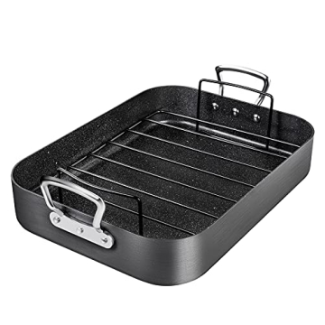 MICHELANGELO Roasting Pan with Rack, Hard Anodized Turkey Roaster Pan, Large Turkey Roasting Pan for...