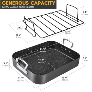 MICHELANGELO Roasting Pan with Rack, Hard Anodized Turkey Roaster Pan, Large Turkey Roasting Pan for Oven, Nonstick Rectangular Roaster Pan with Rack, 16 Inch x 12 Inch