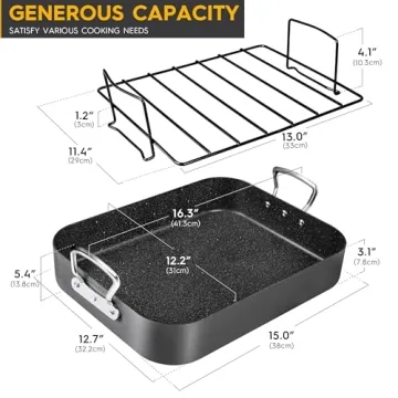 MICHELANGELO Roasting Pan with Rack, Hard Anodized Turkey Roaster Pan, Large Turkey Roasting Pan for Oven, Nonstick Rectangular Roaster Pan with Rack, 16 Inch x 12 Inch
