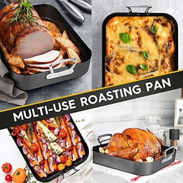 MICHELANGELO Roasting Pan with Rack, Hard Anodized Turkey Roaster Pan, Large Turkey Roasting Pan for Oven, Nonstick Rectangular Roaster Pan with Rack, 16 Inch x 12 Inch
