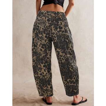 POTILI Women's Barrel Boyfriend Baggy Leopard Print Jeans Mid Rise Cropped Wide Leg Y2K Horseshoe Jeans for Women Trendy