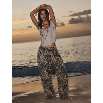 POTILI Women's Barrel Boyfriend Baggy Leopard Print Jeans Mid Rise Cropped Wide Leg Y2K Horseshoe Jeans for Women Trendy