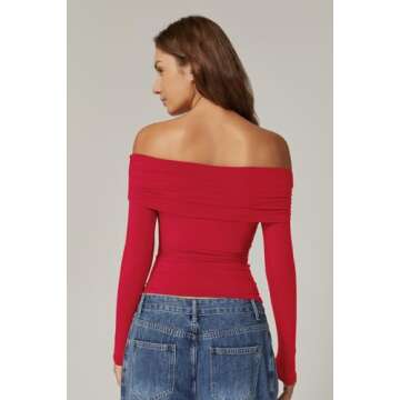 QINSEN Sexy Tops for Women Long Sleeve Double Lined Off The Shoulder Crop Top Red XS