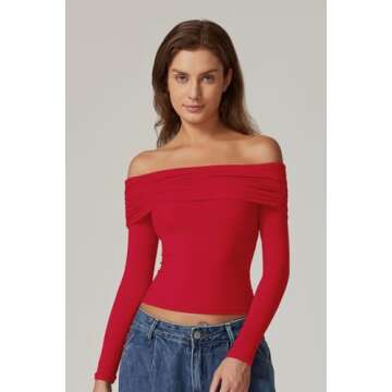 QINSEN Sexy Tops for Women Long Sleeve Double Lined Off The Shoulder Crop Top Red XS