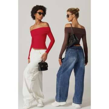 QINSEN Sexy Tops for Women Long Sleeve Double Lined Off The Shoulder Crop Top Red XS