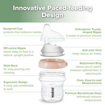 haakaa Gen.3 Natural Glass Baby Bottle 4.2oz/120ml - Wide Neck, Anti-Colic Slow Flow Nipple,Easy to Clean, 0M+ Breastfed Babies, Newborn Registry Essentials,BPA Free-Peach