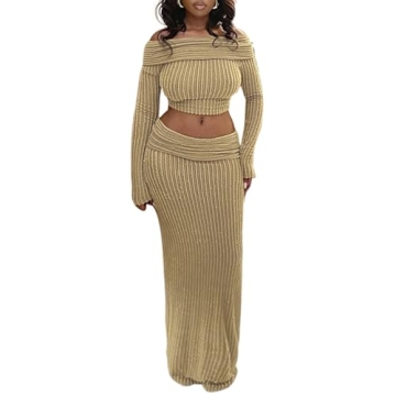 SHIPPOOOU Women Sexy 2 Piece Stripe Long Maxi Skirt Sets Off Shoulder Crop Top and High Waist Long S...
