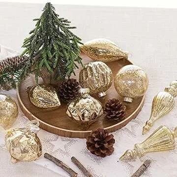 KI Store Mercury Glass Christmas Ornaments Set of 8 Champagne Gold Hanging Christmas Balls Finials for Christmas Tree Decoration Holiday Décor