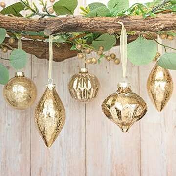 KI Store Mercury Glass Christmas Ornaments Set of 8 Champagne Gold Hanging Christmas Balls Finials for Christmas Tree Decoration Holiday Décor