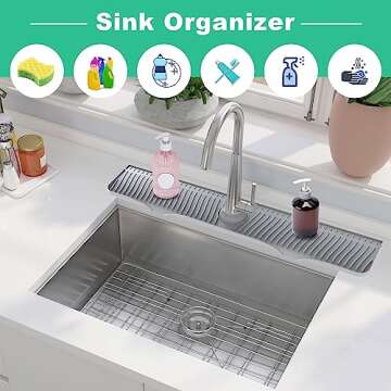 32 Inch Sink Splash Guard, Sink Faucet Drying Mat, Kitchen Faucet Splash Guard, Faucet Handle Drip Catcher Tray for Kitchen Bathroom Countertop, Faucet Mat Dish Soap Sponge Holder(Gray)