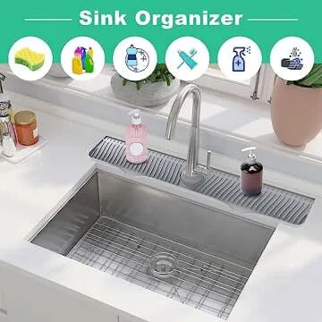 32 Inch Sink Splash Guard, Sink Faucet Drying Mat, Kitchen Faucet Splash Guard, Faucet Handle Drip Catcher Tray for Kitchen Bathroom Countertop, Faucet Mat Dish Soap Sponge Holder(Gray)