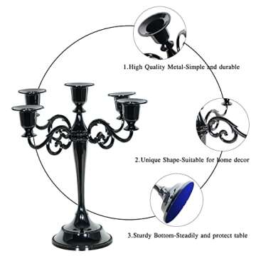 SUJUN 5-Candle Metal Candelabra Candle Holder 10.6 inch Tall Candlestick Holders for Valentine Christmas Home Party Dinning Candle Stand Black