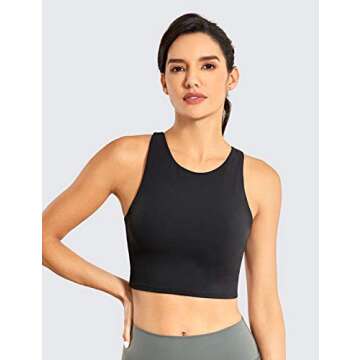 CRZ YOGA Women's High Neck Longline Sports Bra - Padded Racerback Yoga Bra Crop Tank Top with Built in Shelf Bra Black X-Large